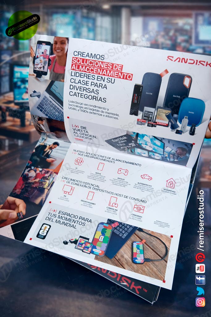 Folleto díptico A4 corporativo SanDisk impreso en couché 150g offset full color CMYK en Lima