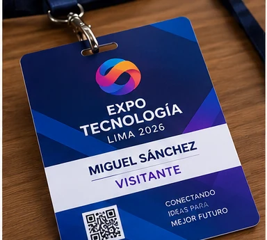 Credencial rígida de 13 × 9 cm con esquinas redondeadas y ranura para lanyard