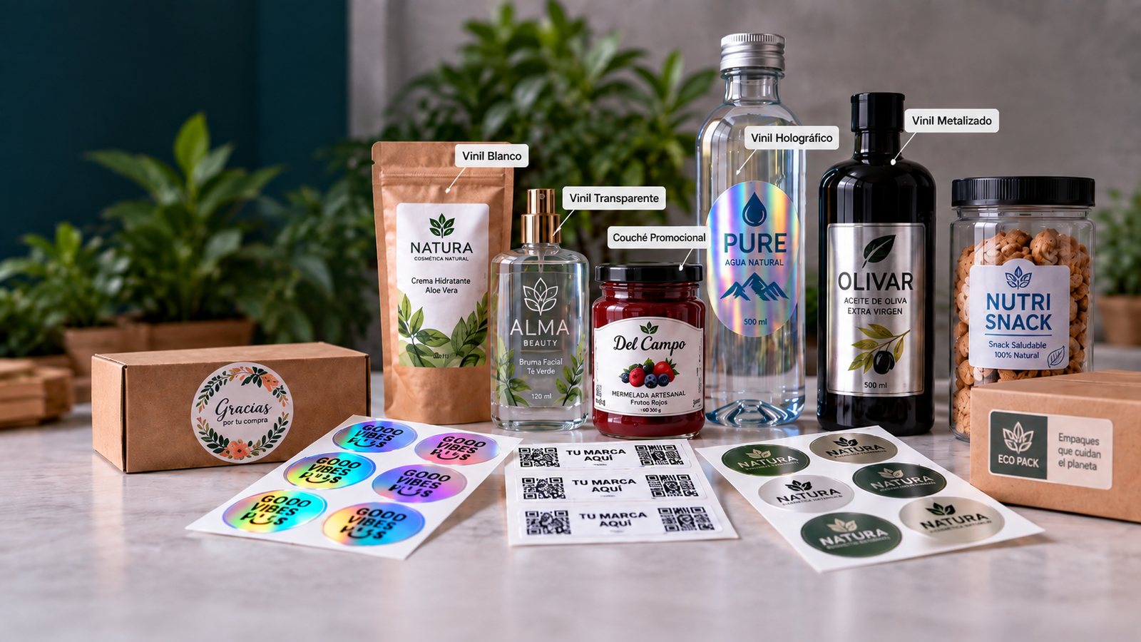 Stickers y etiquetas impresas en vinil blanco, transparente, holográfico, metalizado y couché adhesivo aplicadas en frascos, botellas, pouches y cajas