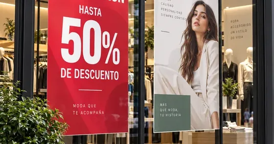 Afiches publicitarios en la vitrina de una tienda retail