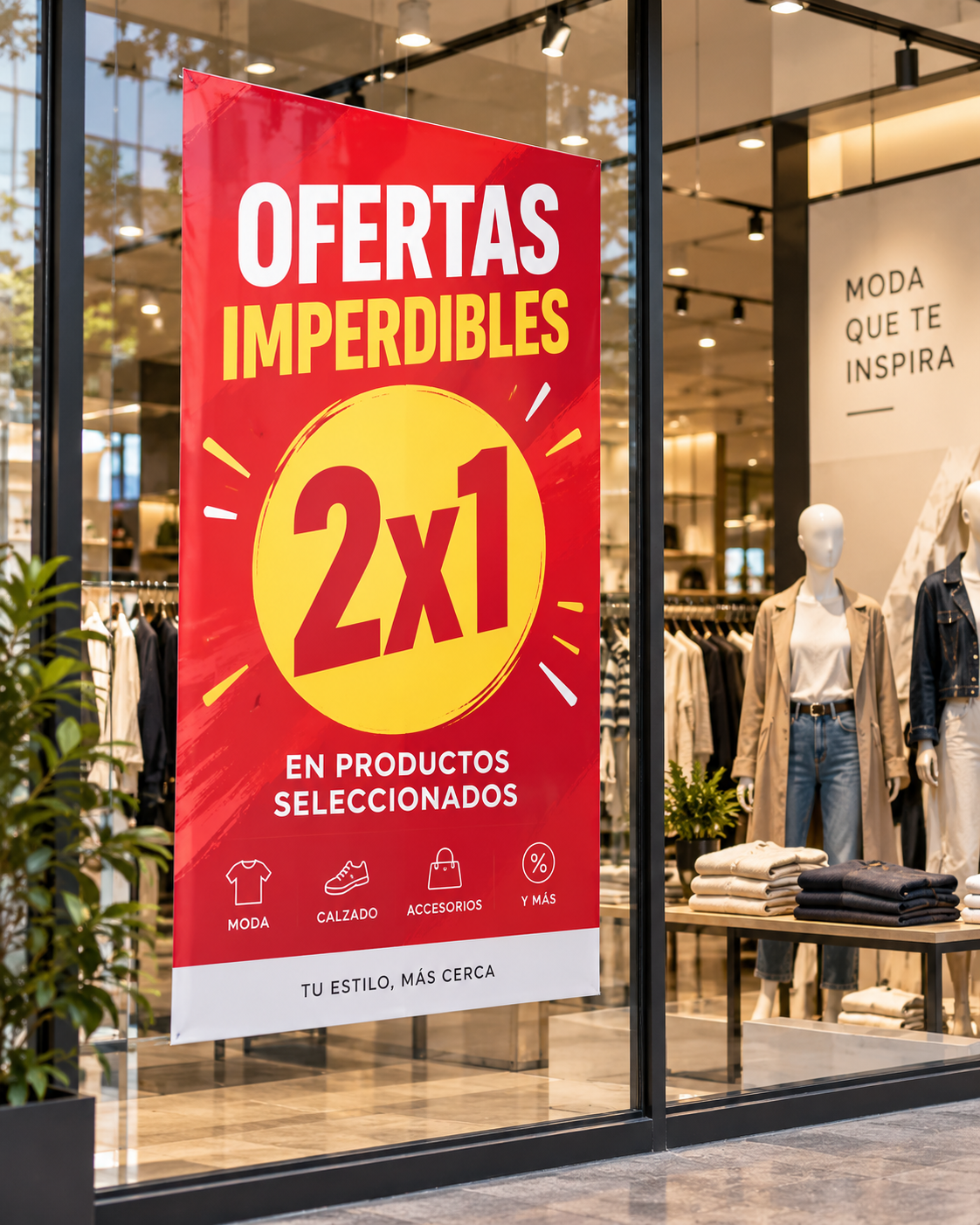 Impresión de afiche promocional 2x1 en Papel Trisol para vitrina de tienda de retail