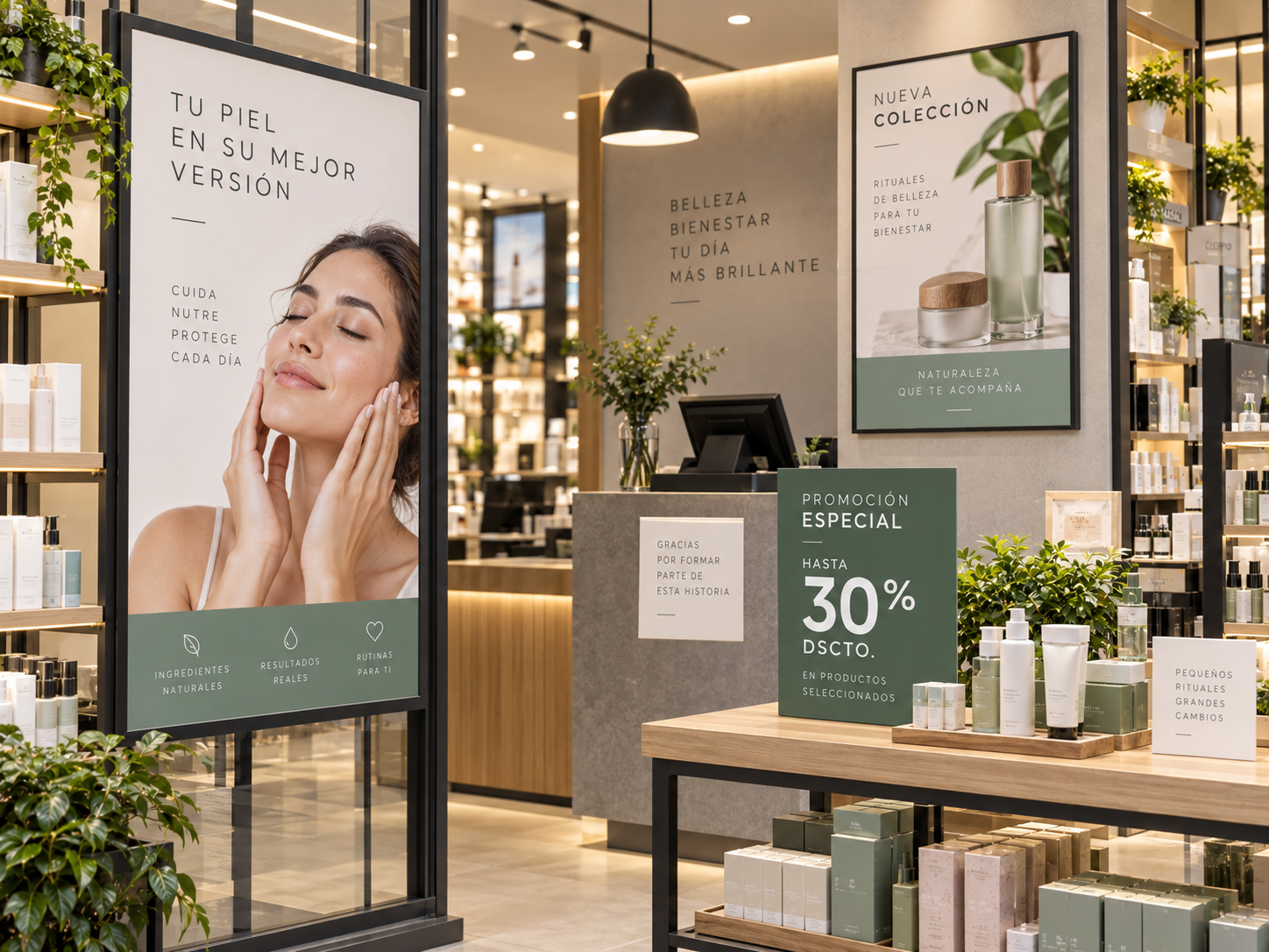 Impresión de afiches promocionales en serie para campaña de tienda de cosmética
