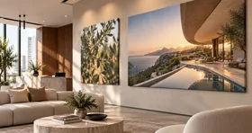 Cuadros en lienzo canvas instalados en el lobby de un hotel