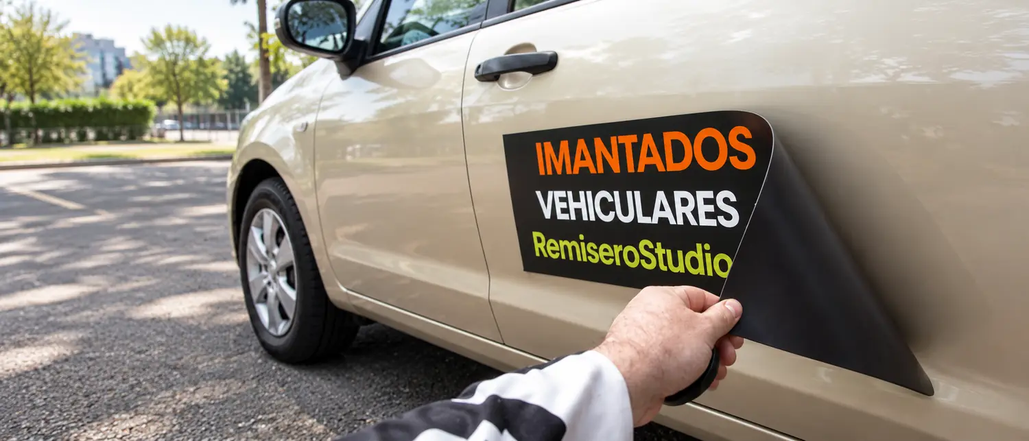 Imantado publicitario retirándose de la puerta de un auto sin dañar la pintura