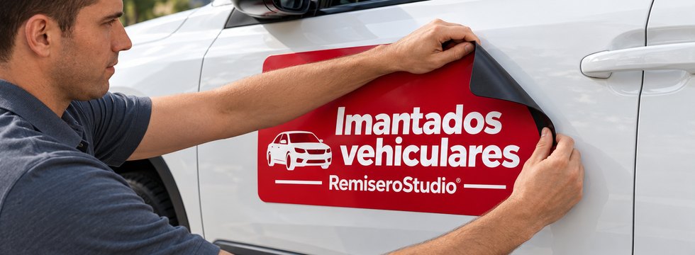 Imantado vehicular rojo a full color colocándose sobre la puerta de una camioneta blanca