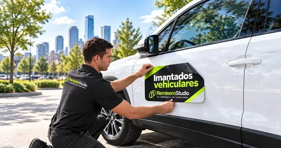 Imantado vehicular publicitario colocado en la puerta de una camioneta