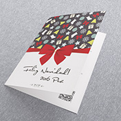Lazo rojo con papel tapiz de regalos. Tarjetas Navideñas Corporativas para empresas Perú -  Navidad 2022