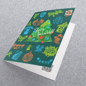 Ilustración de papel de regalo con arbol feliz navidad en fondo verde y adornos navideños - Tarjetas Navideñas Corporativas para empresas Perú -  Navidad 2022.
