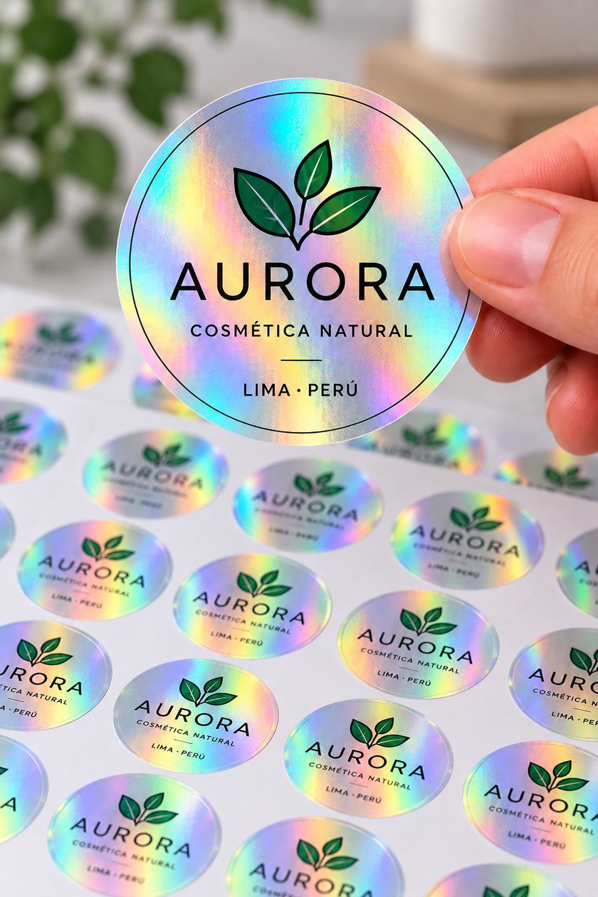 Pliego impreso de stickers en vinil holográfico con semi-corte, listos para desglosar