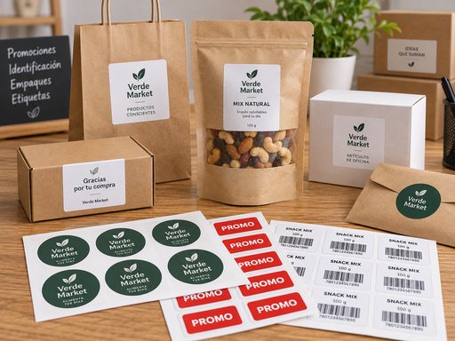 Etiquetas en papel couch&eacute; adhesivo promocional para packaging, bolsas, cajas y productos comerciales