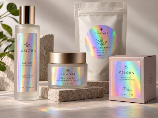Stickers hologr&aacute;ficos aplicados en envases de cosm&eacute;tica y packaging premium, impresos en Lima
