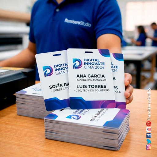 Credenciales PVC UV tamaño jumbo 13x9 cm impresas a doble cara para evento Digital Innovate Lima 2024 con acabado de alta definición